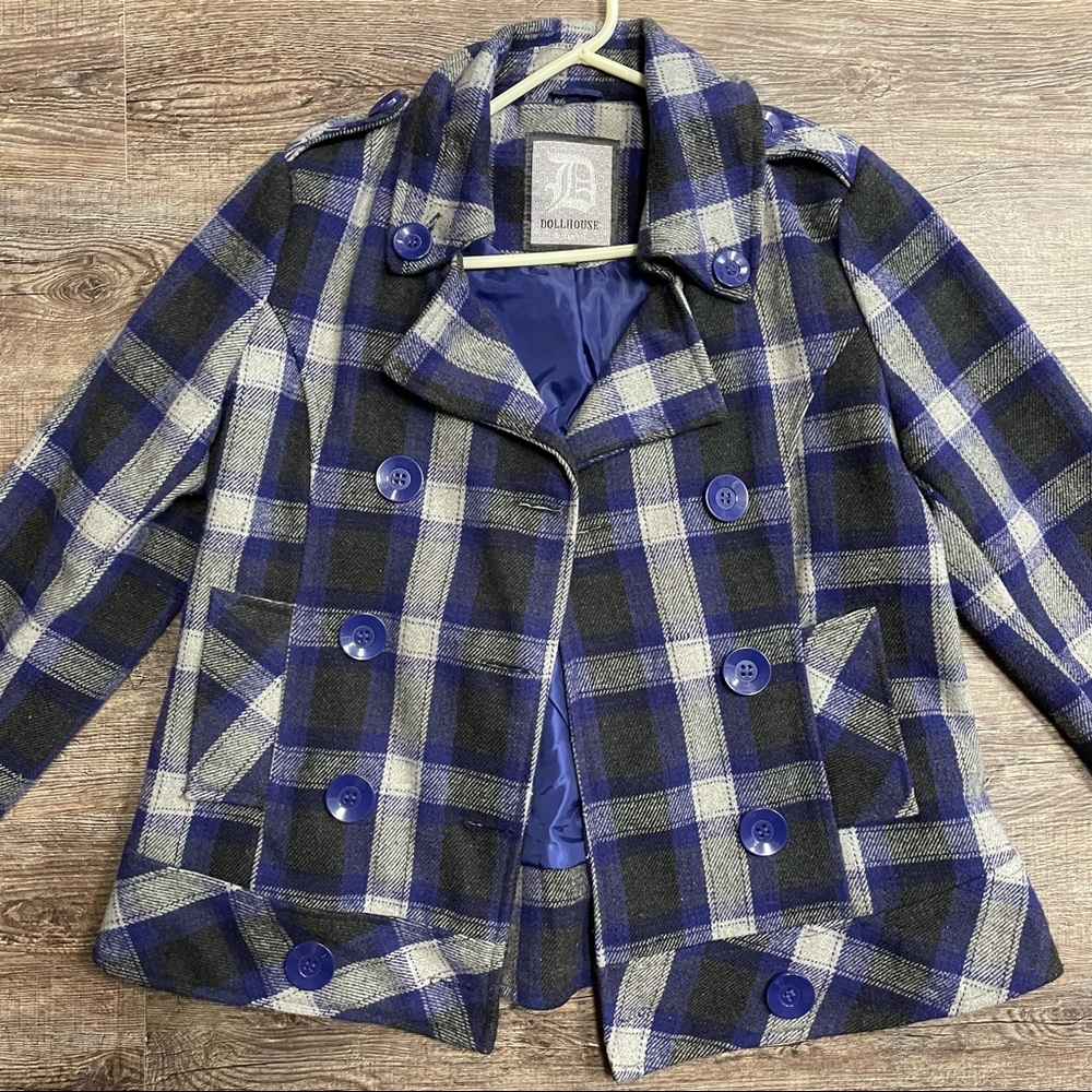 Blue plaid peacoat hefty winter coat